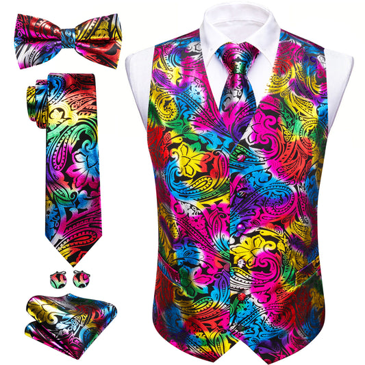 Barry. Wang Men's Red Yellow Colorful Paisley Silk Vest Necktie Pocket Square Cufflinks Set