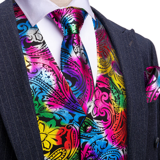 Barry. Wang Men's Red Yellow Colorful Paisley Silk Vest Necktie Pocket Square Cufflinks Set