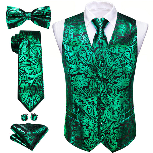 Barry. Wang Men's Emerald Green Paisley Silk Vest Necktie Pocket Square Cufflinks Set