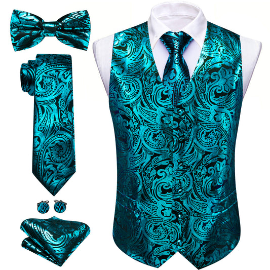 Barry. Wang Men's Turquoise Paisley Silk Vest Necktie Pocket Square Cufflinks Set