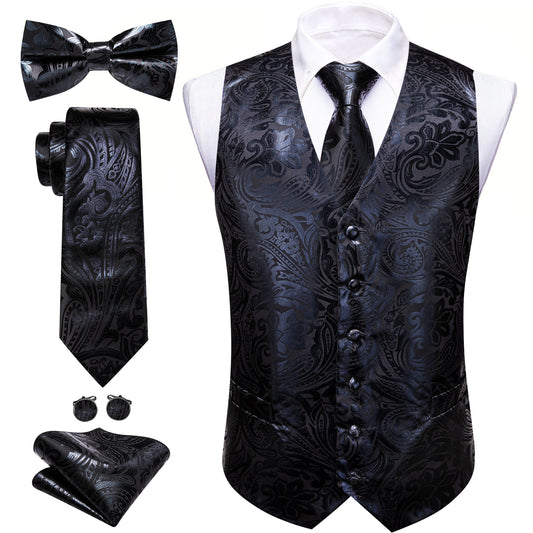 Barry. Wang Black Formal Vest Paisley V-neck Dress Vest Necktie Hanky Cufflinks Set