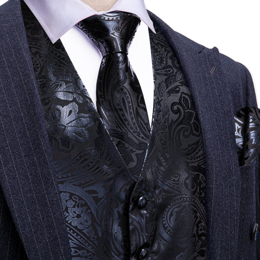 Barry. Wang Black Formal Vest Paisley V-neck Dress Vest Necktie Hanky Cufflinks Set