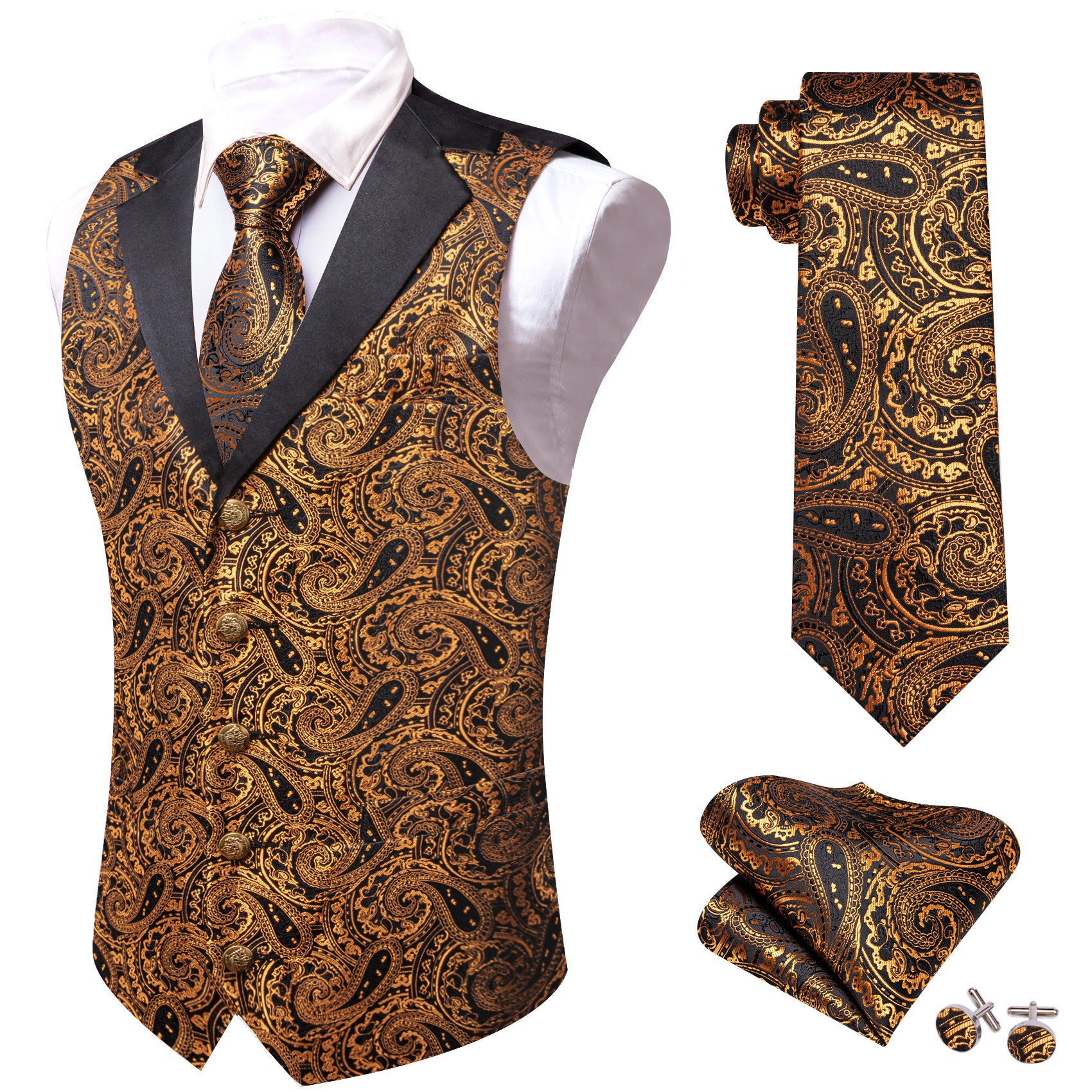 Barry. Wang Gold Paisley Dress Vest Notch-Lapel Collar Vest Necktie Pocket Square Cufflinks Set