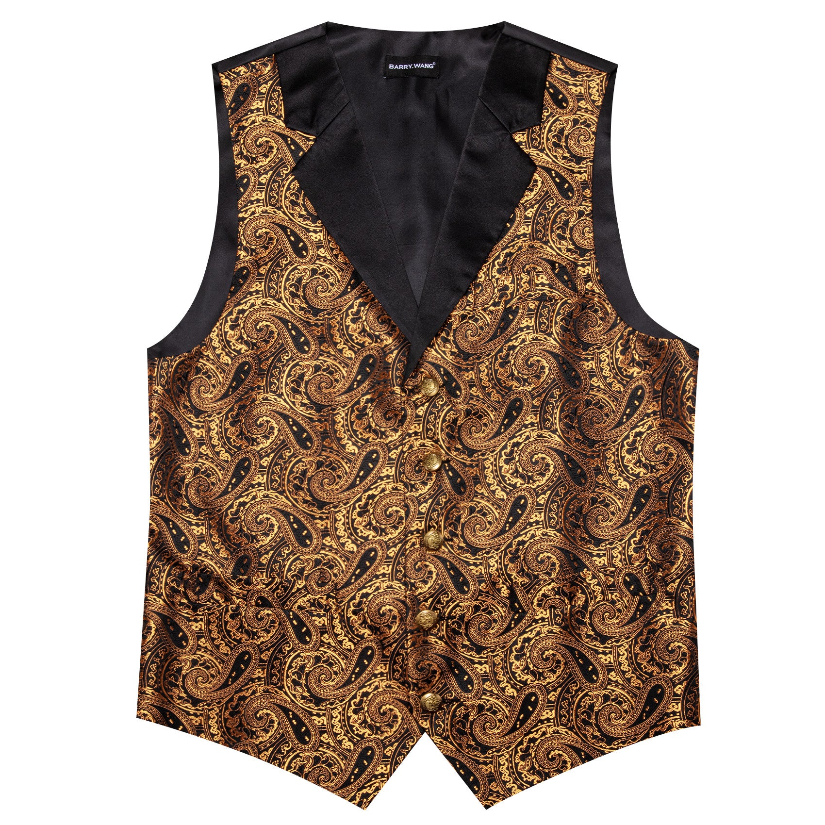 Barry. Wang Gold Paisley Dress Vest Notch-Lapel Collar Vest Necktie Pocket Square Cufflinks Set