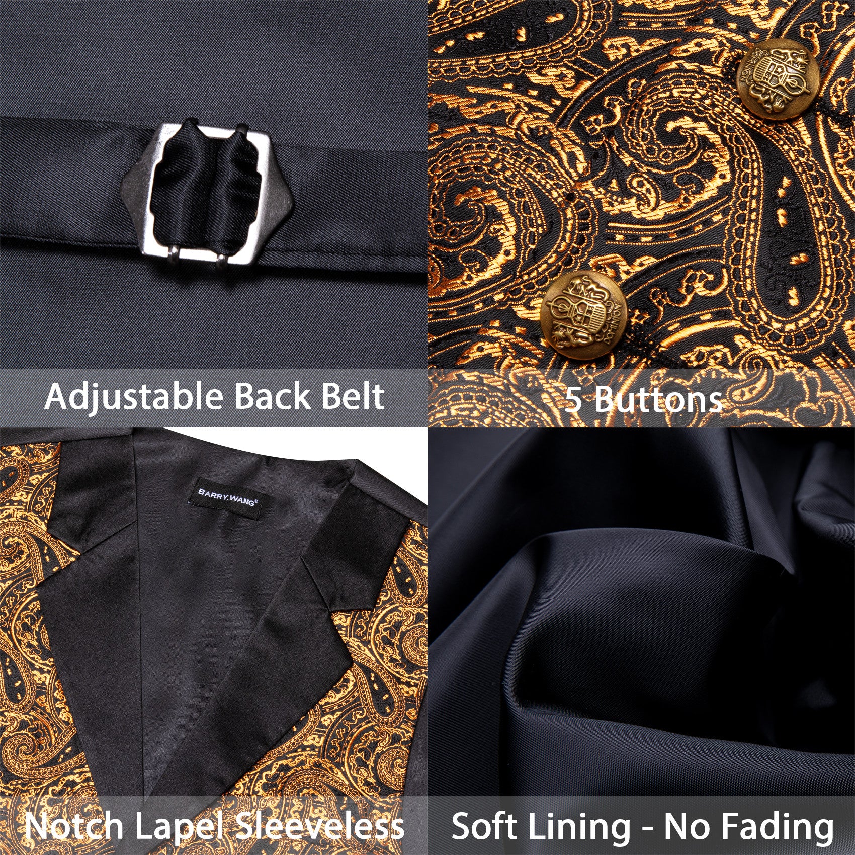 Barry. Wang Gold Paisley Dress Vest Notch-Lapel Collar Vest Necktie Pocket Square Cufflinks Set