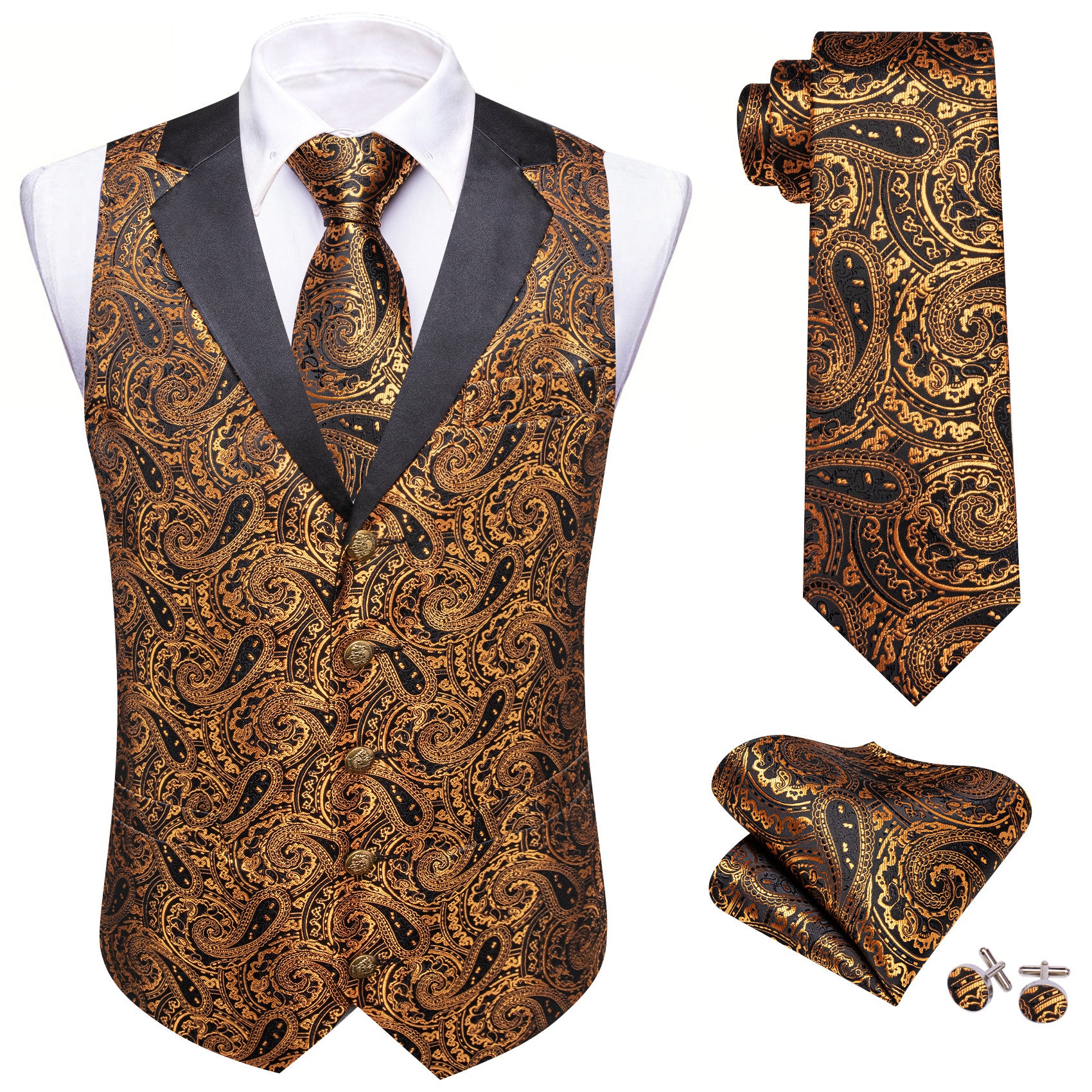 Barry. Wang Gold Paisley Dress Vest Notch-Lapel Collar Vest Necktie Pocket Square Cufflinks Set