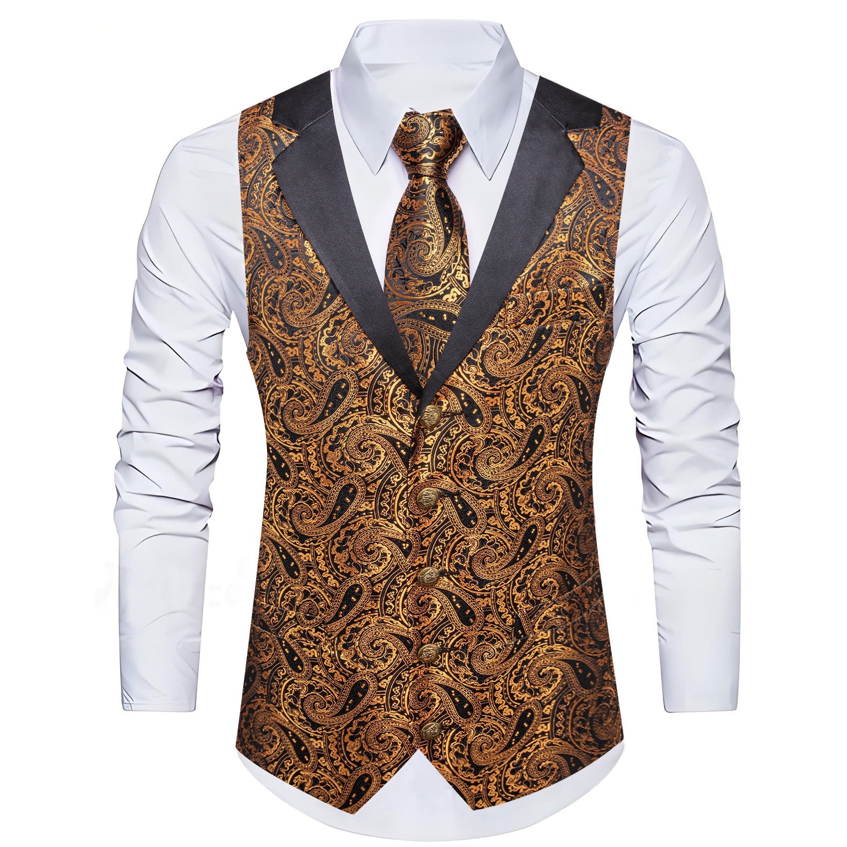 Barry. Wang Gold Paisley Dress Vest Notch-Lapel Collar Vest Necktie Pocket Square Cufflinks Set