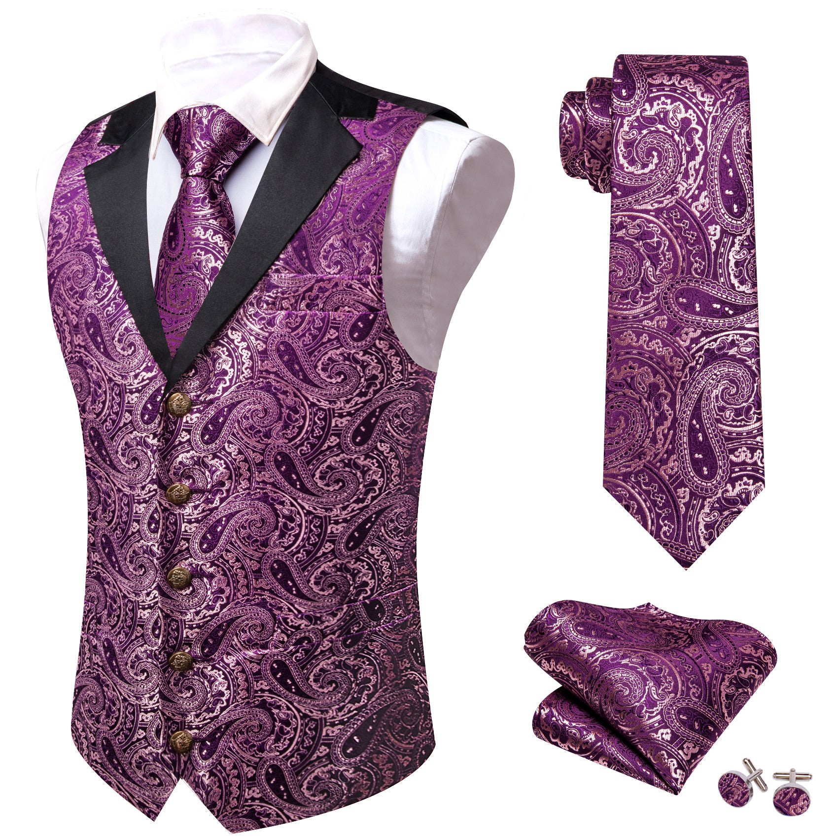 Barry. Wang Mens Paisley Suit Collar Vest Twilight Lavender Waistcoat Necktie Hanky Cufflinks Set