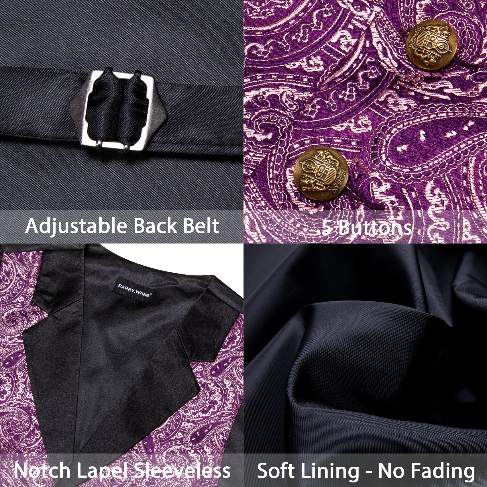 Barry. Wang Mens Paisley Suit Collar Vest Twilight Lavender Waistcoat Necktie Hanky Cufflinks Set