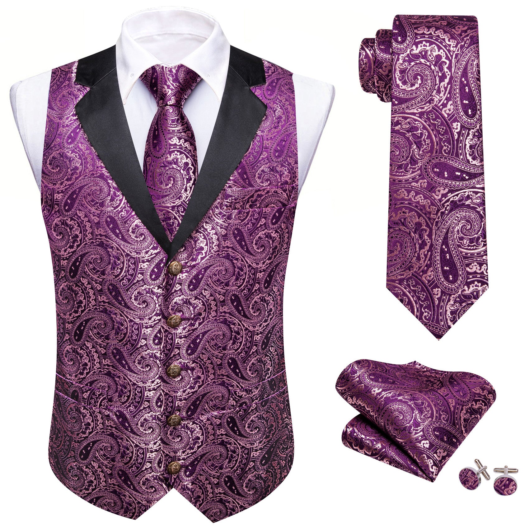 Barry. Wang Mens Paisley Suit Collar Vest Twilight Lavender Waistcoat Necktie Hanky Cufflinks Set