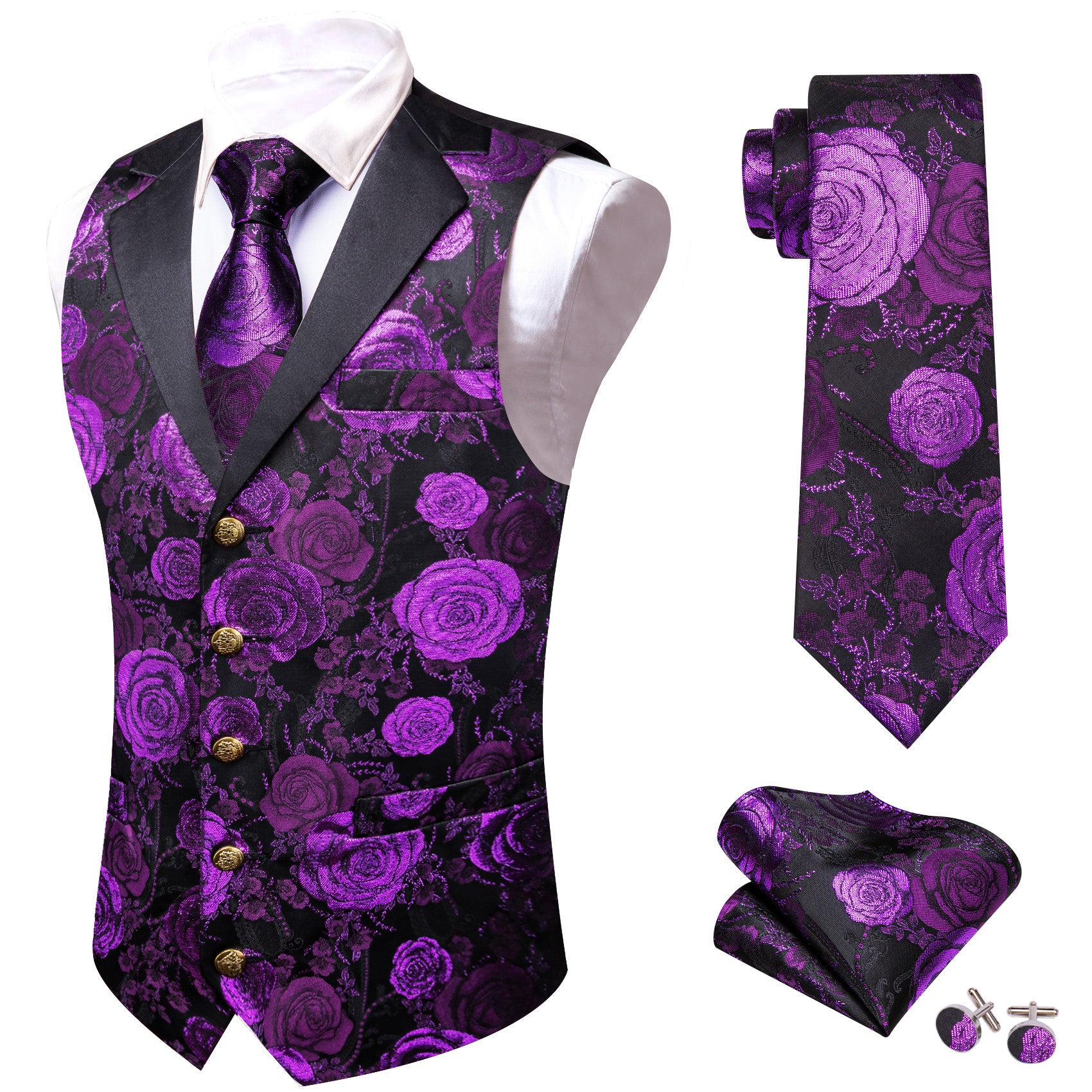 Barry. Wang Mens Collar Vest Purple Rose Floral Suit Waistcoat Tie Hanky Cufflinks Set