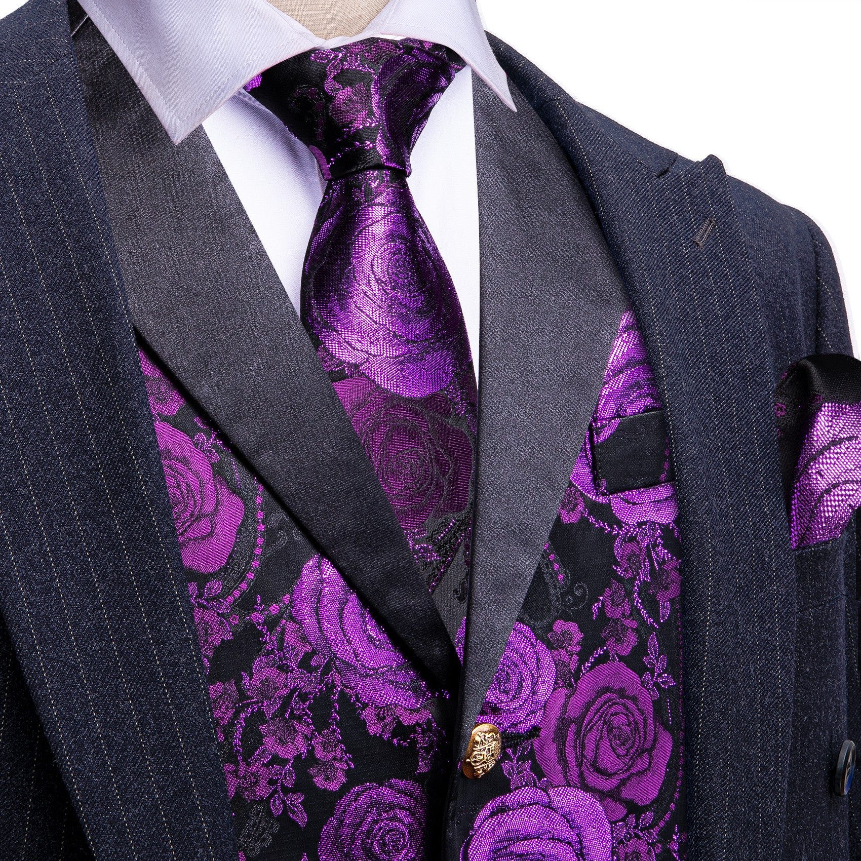 Barry. Wang Mens Collar Vest Purple Rose Floral Suit Waistcoat Tie Hanky Cufflinks Set