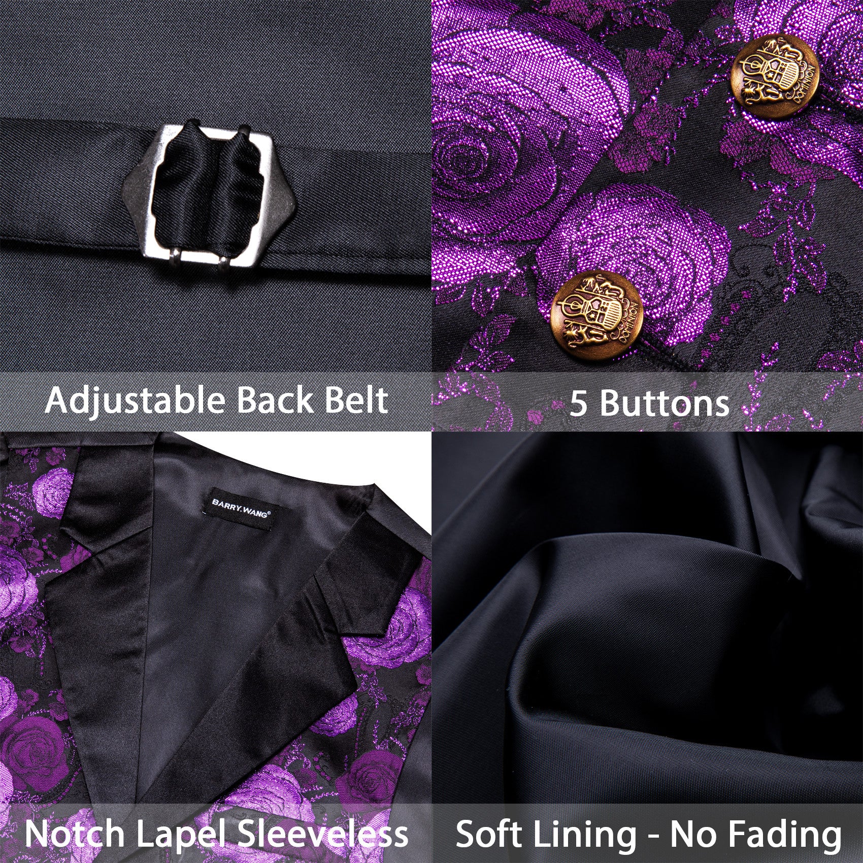 Barry. Wang Mens Collar Vest Purple Rose Floral Suit Waistcoat Tie Hanky Cufflinks Set