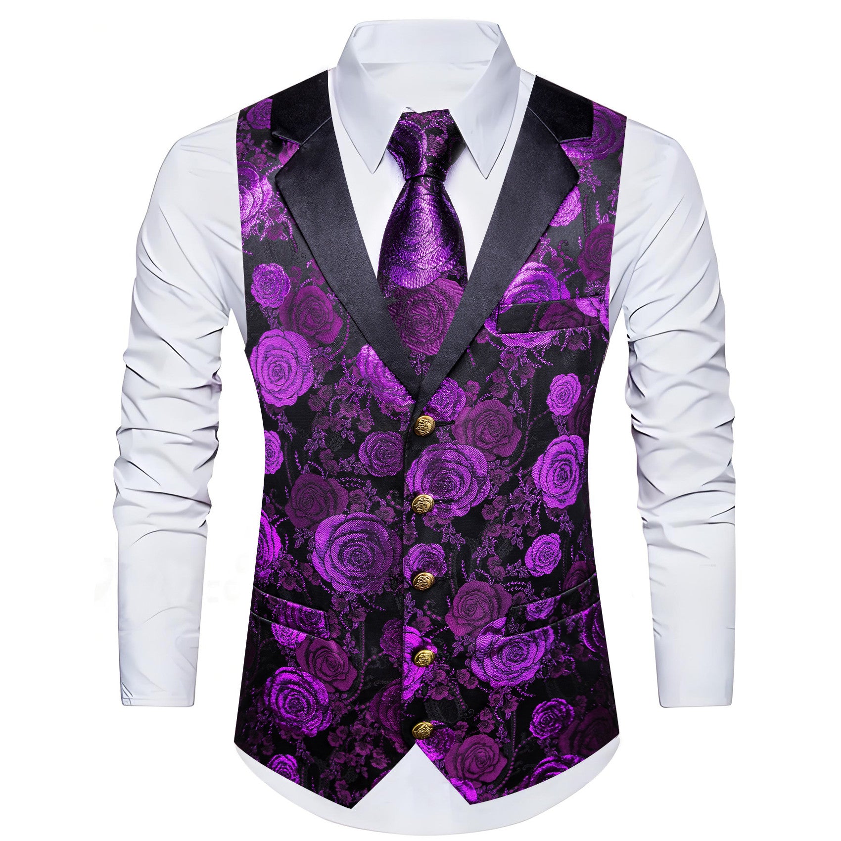 Barry. Wang Mens Collar Vest Purple Rose Floral Suit Waistcoat Tie Hanky Cufflinks Set