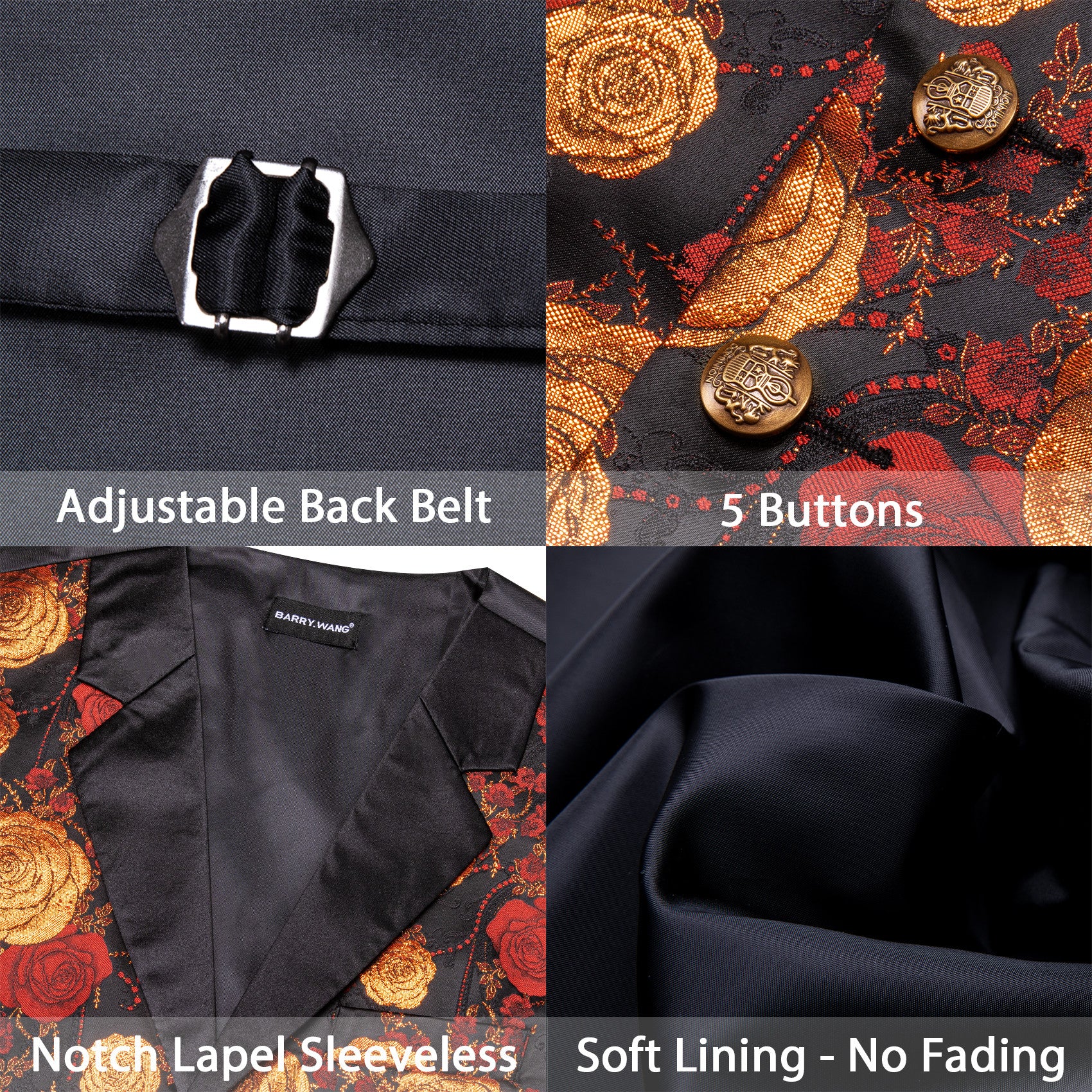 Barry. Wang Mens Collar Vest Red Orange Rose Floral Suit Waistcoat Tie Hanky Cufflinks Set