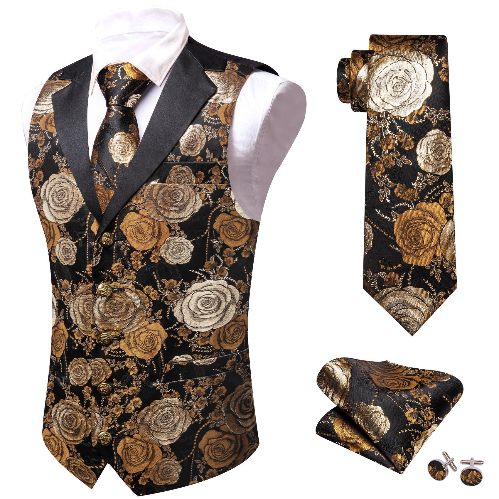 Barry. Wang Beige Golden Brown Floral Suit Vest V-neck Wedding Dress Waistcoat Tie Pocket Square Set