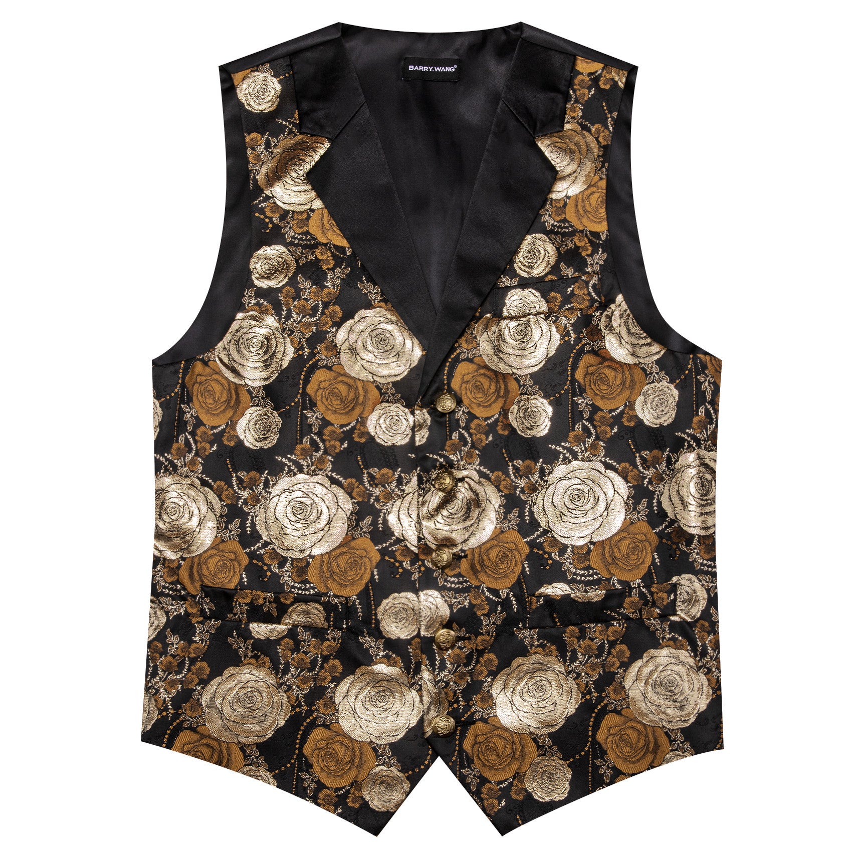 Barry. Wang Beige Golden Brown Floral Suit Vest V-neck Wedding Dress Waistcoat Tie Pocket Square Set