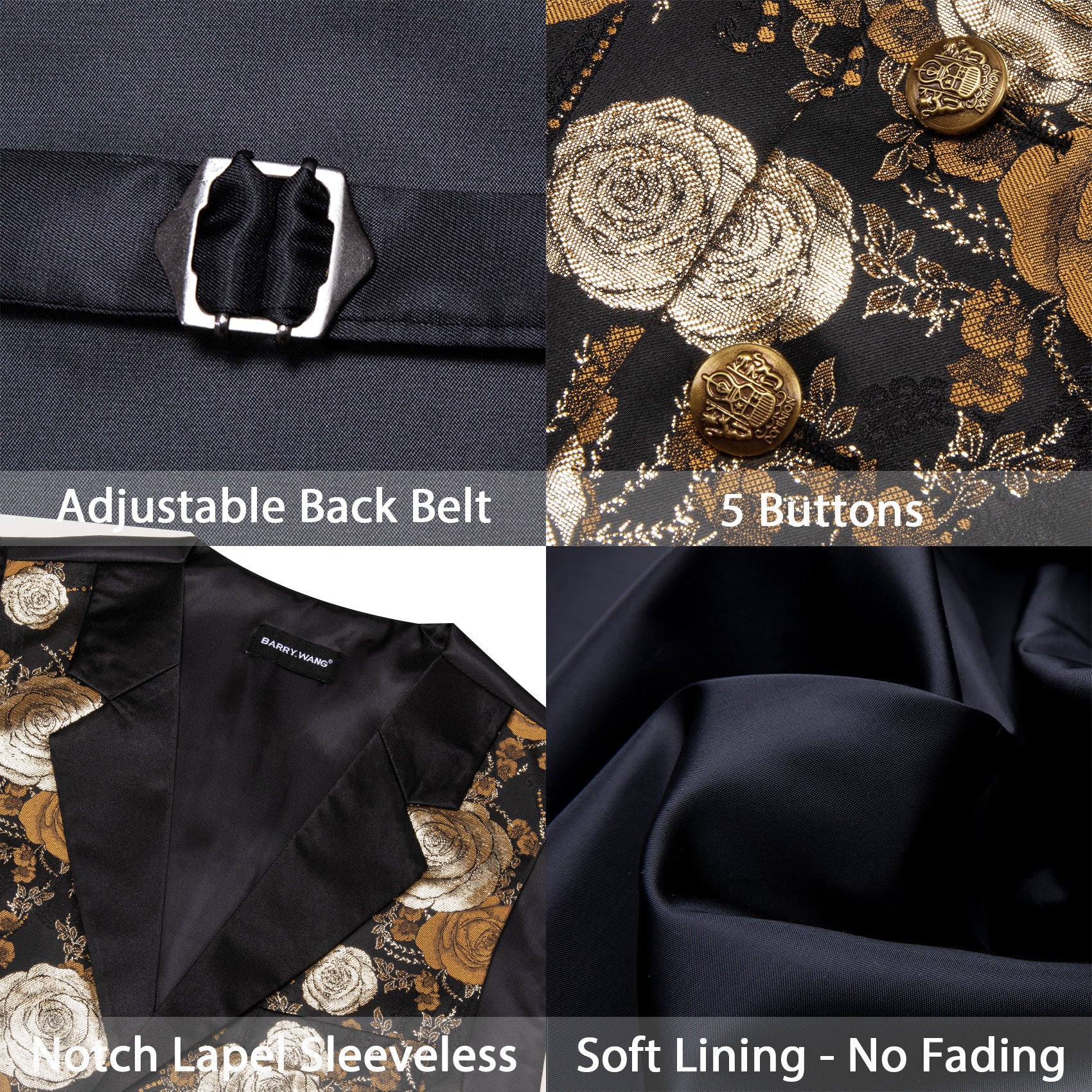 Barry. Wang Beige Golden Brown Floral Suit Vest V-neck Wedding Dress Waistcoat Tie Pocket Square Set