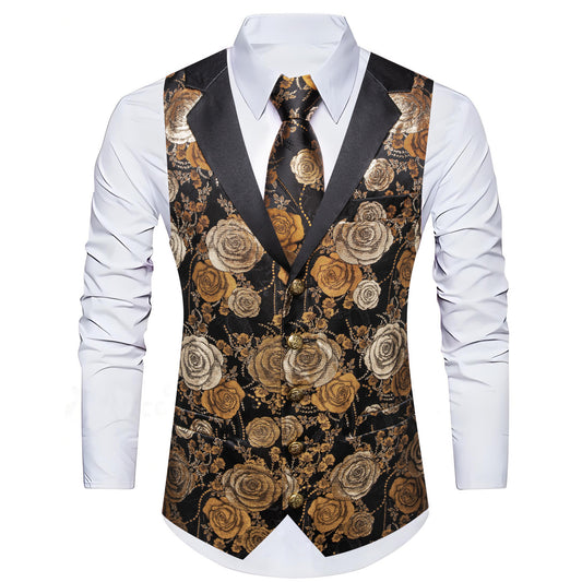 Barry. Wang Beige Golden Brown Floral Suit Vest V-neck Wedding Dress Waistcoat Tie Pocket Square Set