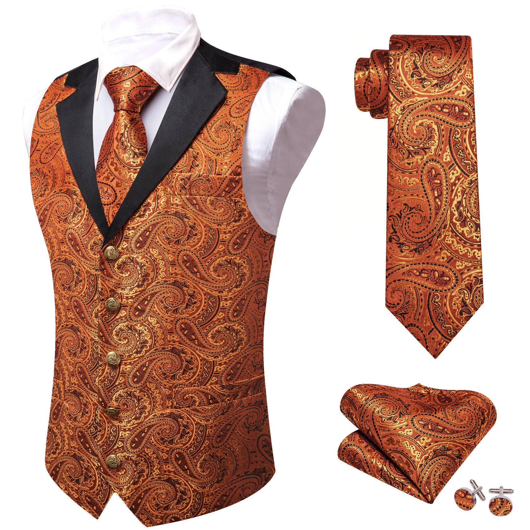 Barry. Wang Mens Marigold Vest Suit 4PCS Paisley Tuxedo Vest Necktie Hanky Cufflinks Set
