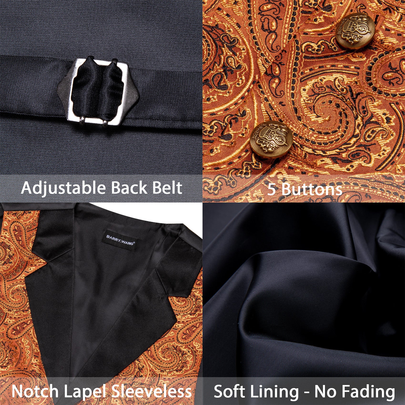 Barry. Wang Mens Marigold Vest Suit 4PCS Paisley Tuxedo Vest Necktie Hanky Cufflinks Set