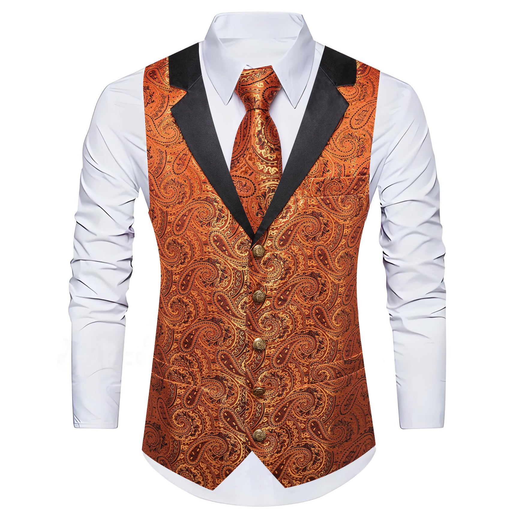 Barry. Wang Mens Marigold Vest Suit 4PCS Paisley Tuxedo Vest Necktie Hanky Cufflinks Set