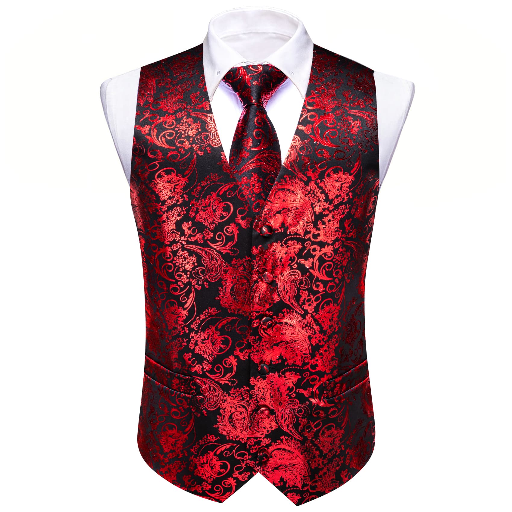 Hot Stamping Red Waistcoat Men's V-Neck Black Vest Tie Set