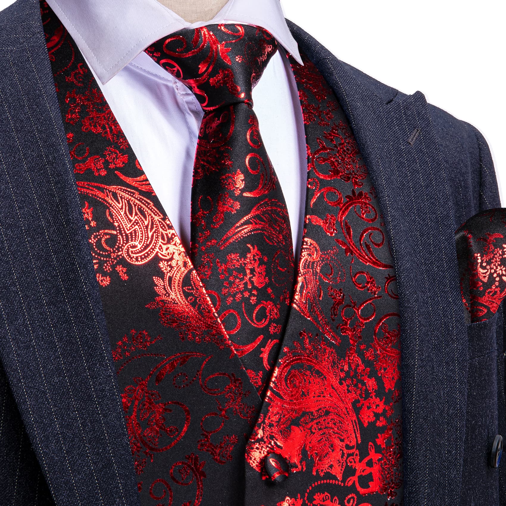 Hot Stamping Red Waistcoat Men's V-Neck Black Vest Tie Set
