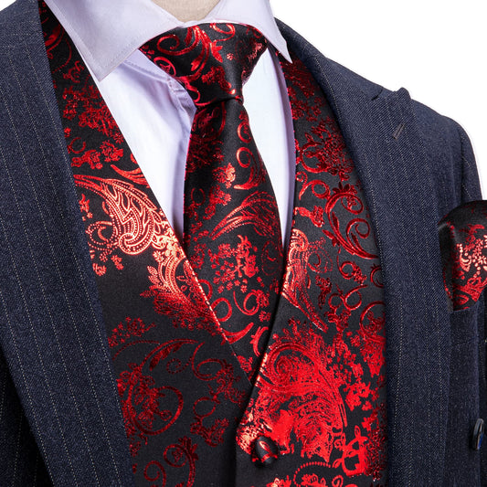 Hot Stamping Red Waistcoat Men's V-Neck Black Vest Tie Set