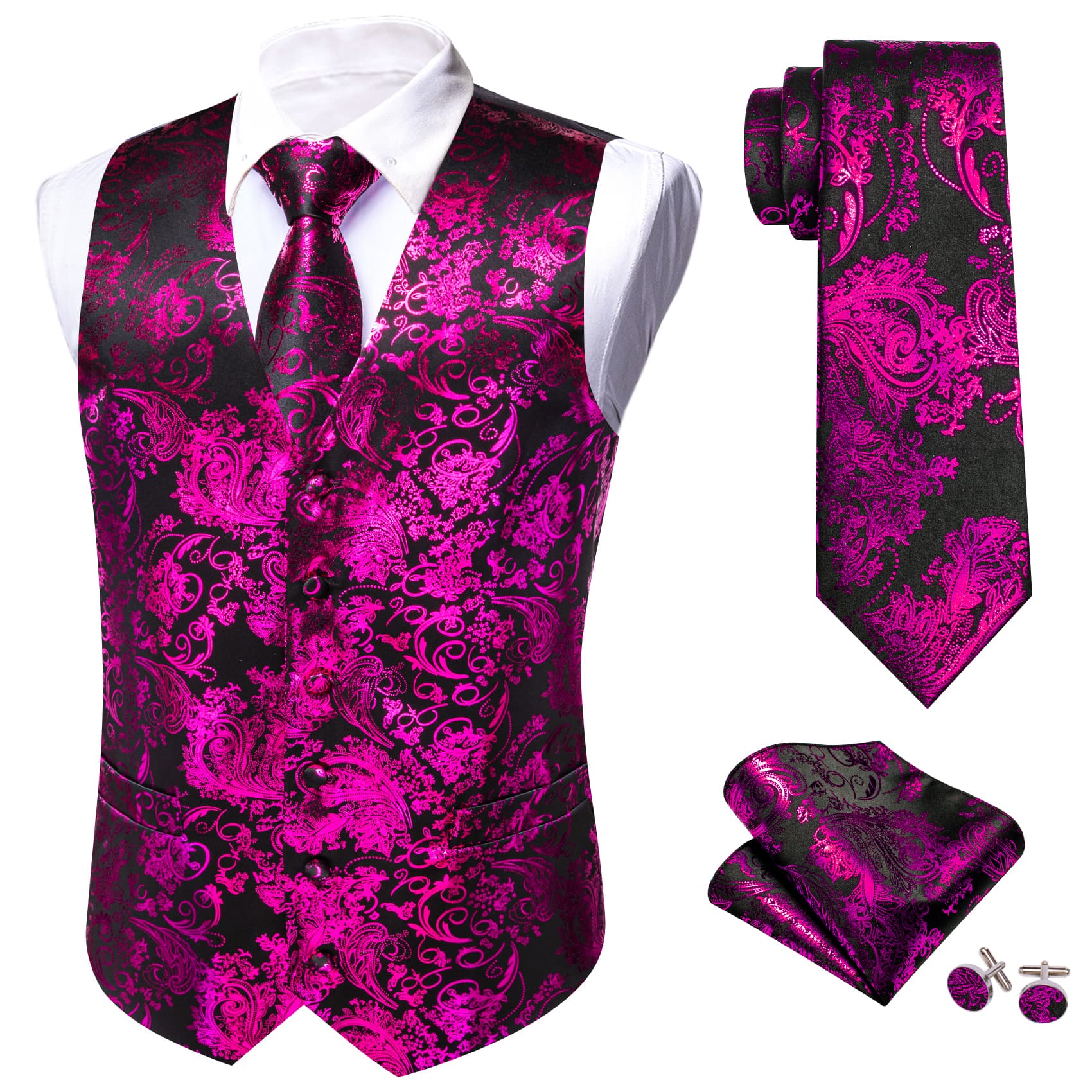 Barry. Wang Hot Pink Floral Suit Vest Black Formal Dress Waistcoat Tie
