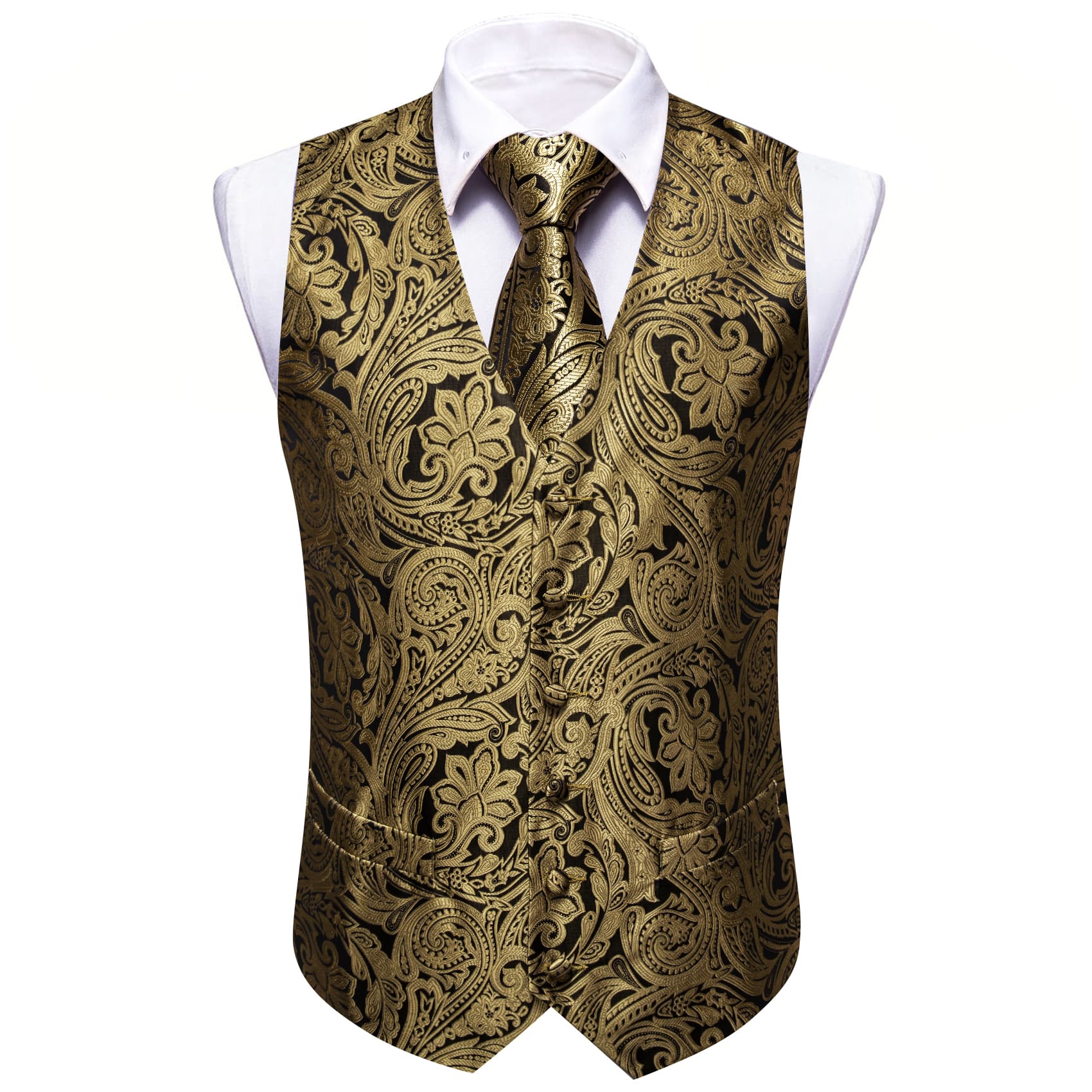 Dark Tan Color Floral Jacquard Mens V-Neck Vest Necktie Set