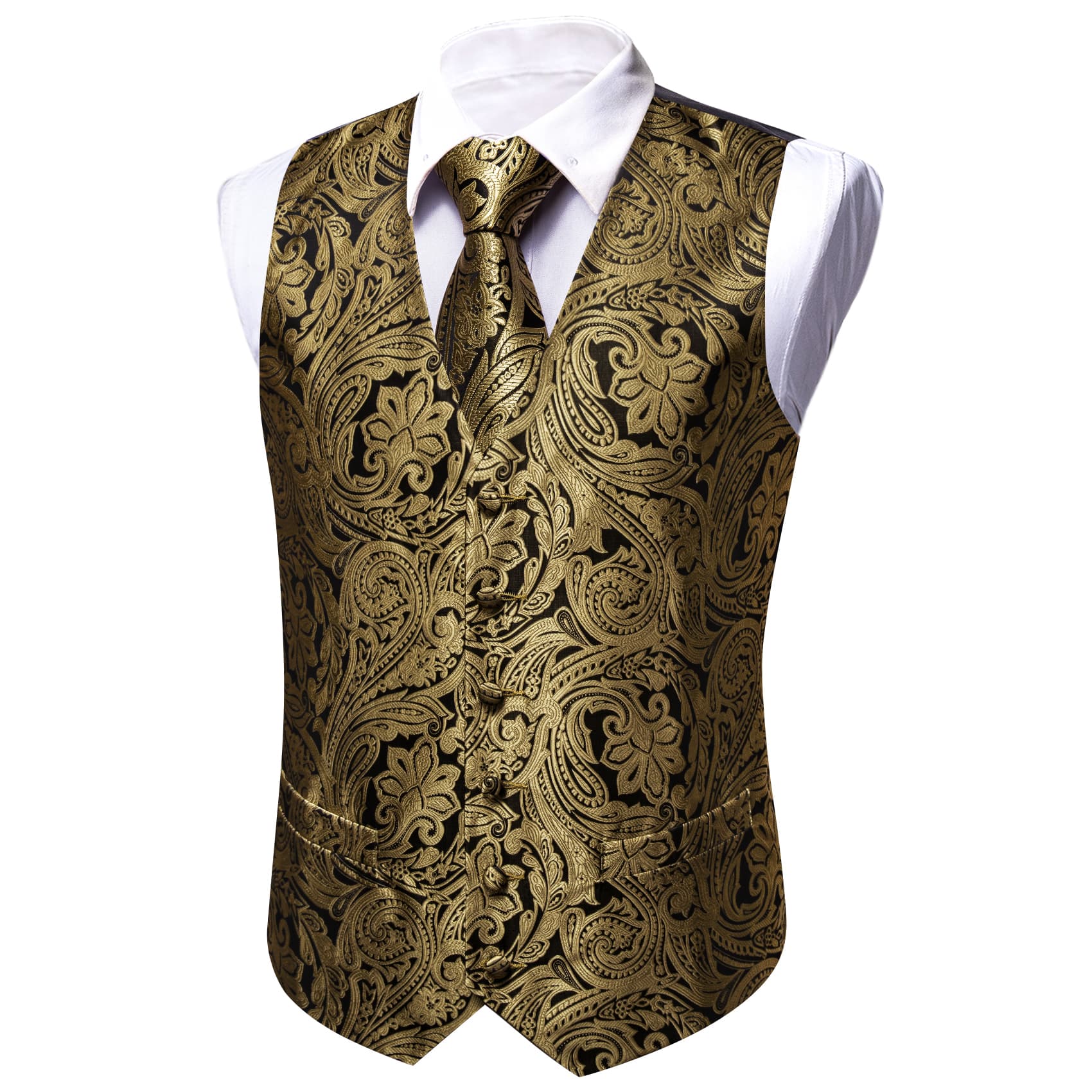 Dark Tan Color Floral Jacquard Mens V-Neck Vest Necktie Set