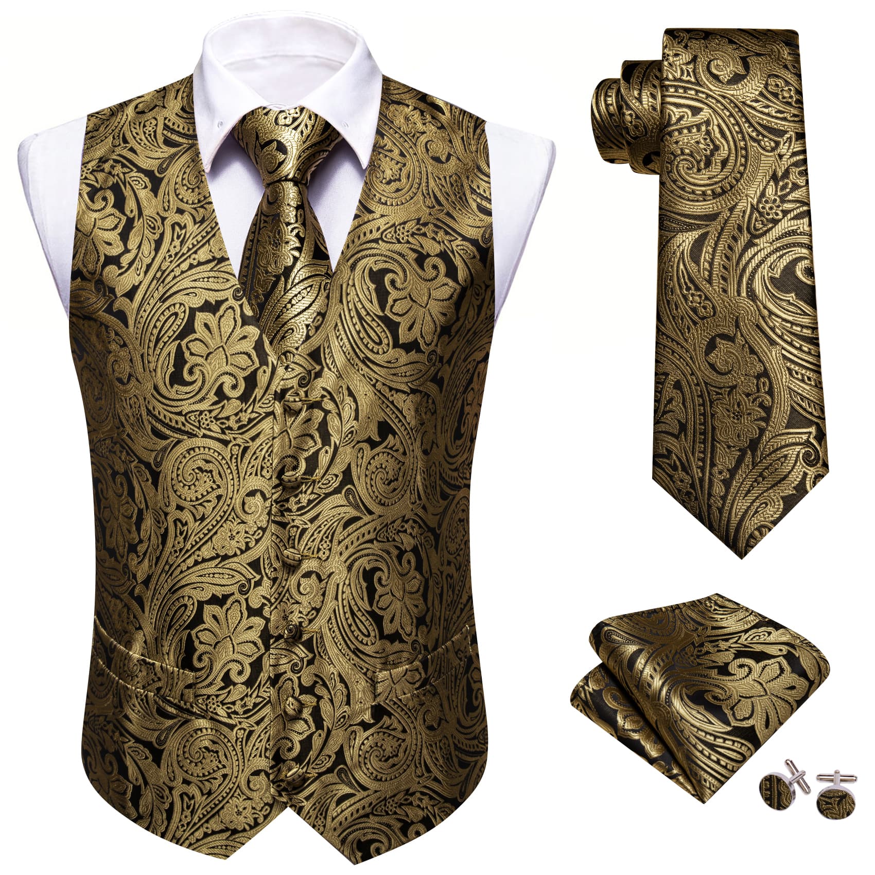Dark Tan Color Floral Jacquard Mens V-Neck Vest Necktie Set
