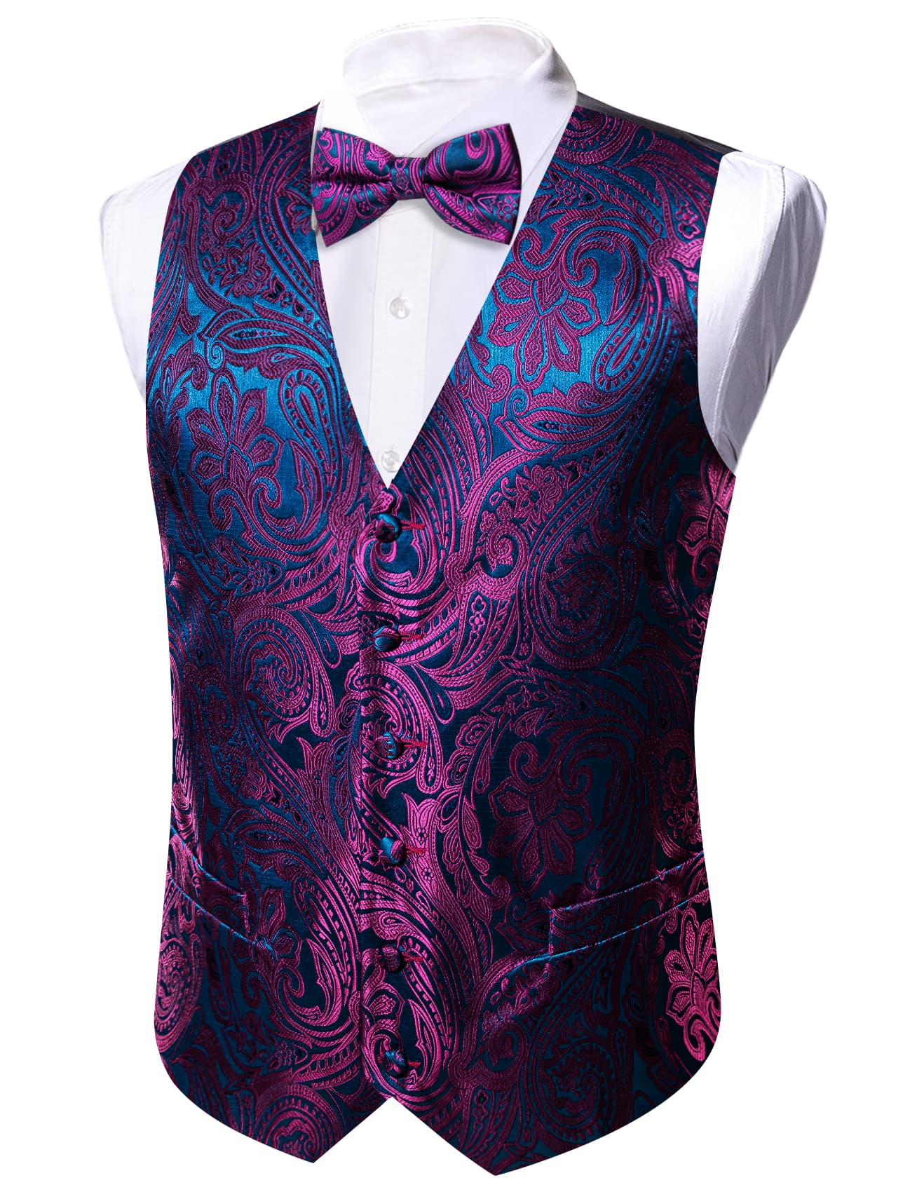 Barry. Wang Mens Purple Paisley Vest Royal Blue Suit 4PCS Vest Bowtie