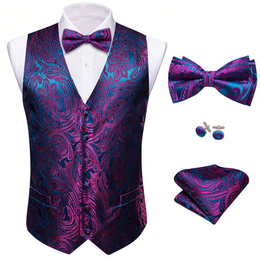 Barry. Wang Mens Purple Paisley Vest Royal Blue Suit 4PCS Vest Bowtie Hanky Cufflinks Set