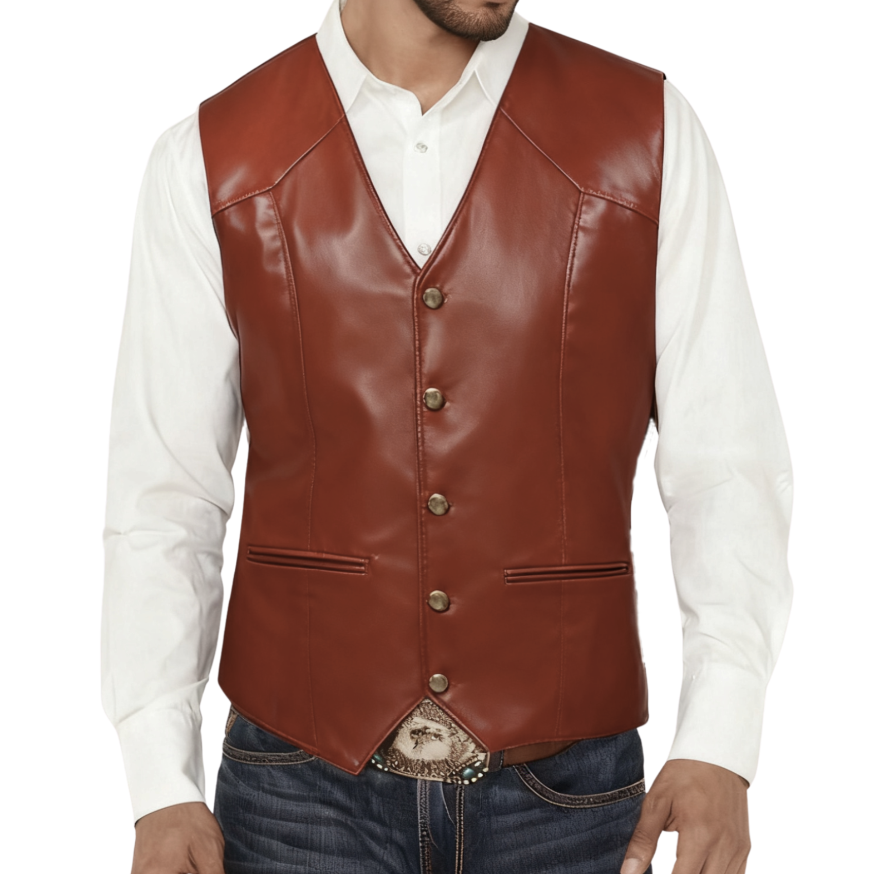 Barry. Wang Brown Leather Suit Vest Casual Western V-Neck Vest Jacket