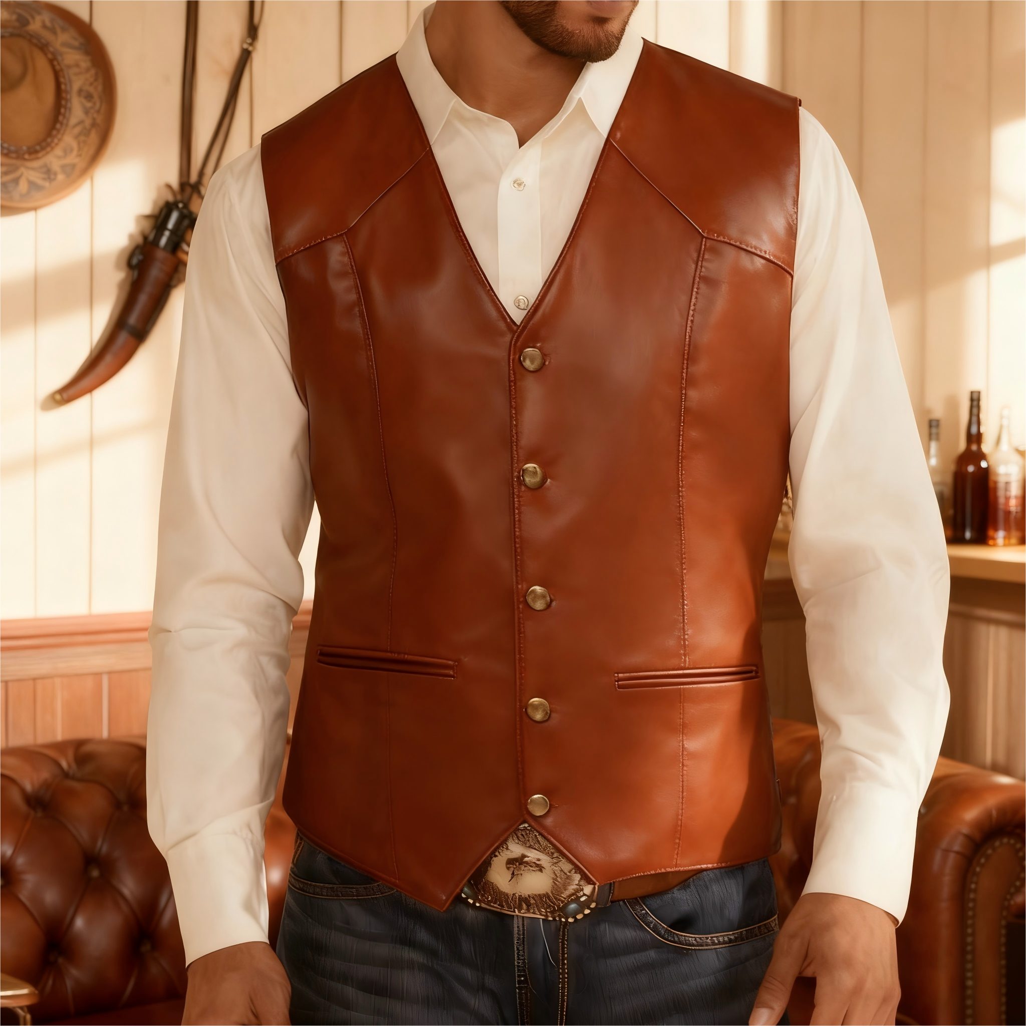 Barry. Wang Brown Leather Suit Vest Casual Western V-Neck Vest Jacket