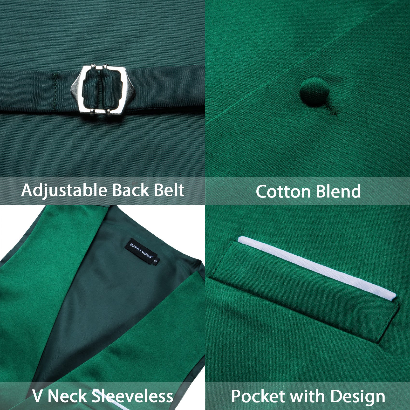 Barry. Wang Suit Vest Green Solid V-neck Formal Vest Tie Pocket Square Cufflinks Set