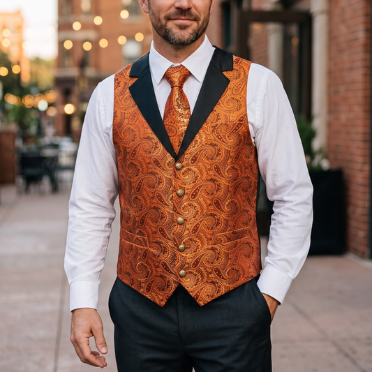 Barry. Wang Mens Marigold Vest Suit 4PCS Paisley Tuxedo Vest Necktie Hanky Cufflinks Set