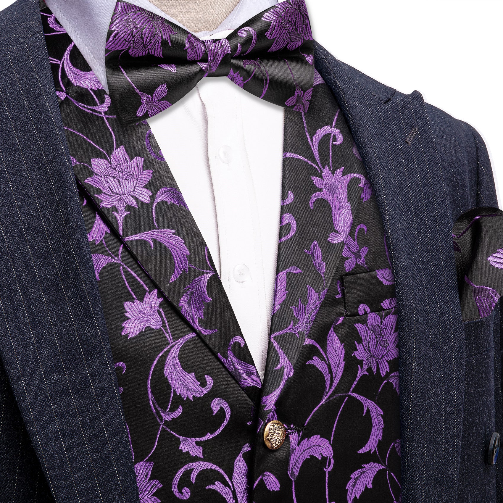 Barry. Wang Purple Floral Mens Vest Black Dress Waistcoat Bowtie Pocket Square Cufflinks Set