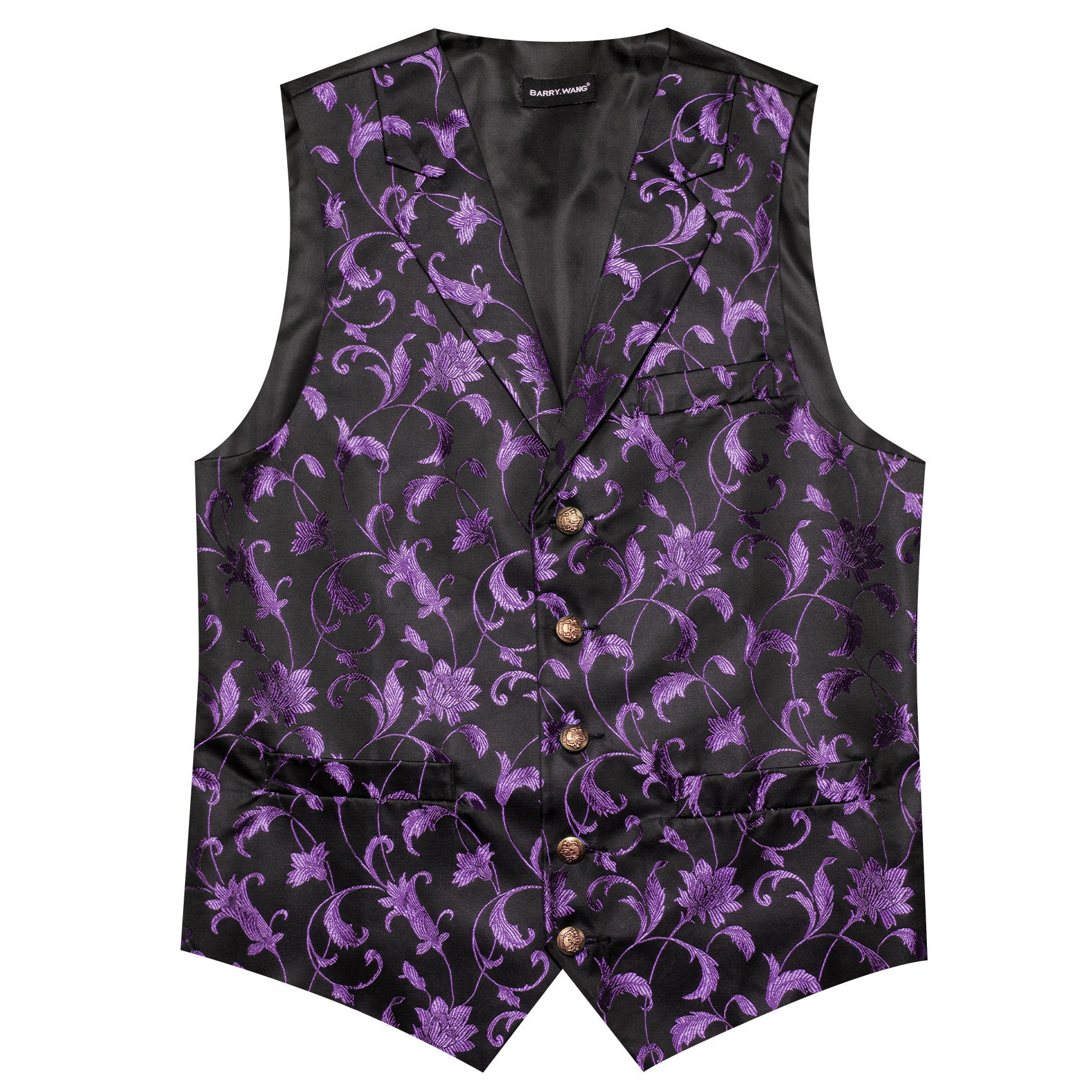 Barry. Wang Purple Floral Mens Vest Black Dress Waistcoat Bowtie Pocket Square Cufflinks Set