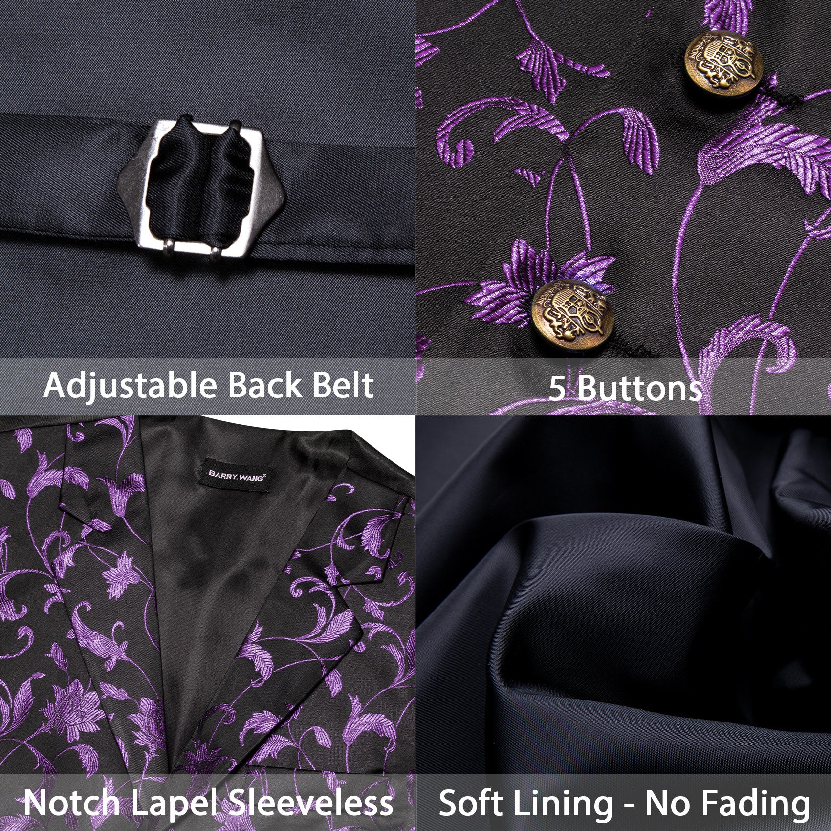 Barry. Wang Purple Floral Mens Vest Black Dress Waistcoat Bowtie Pocket Square Cufflinks Set