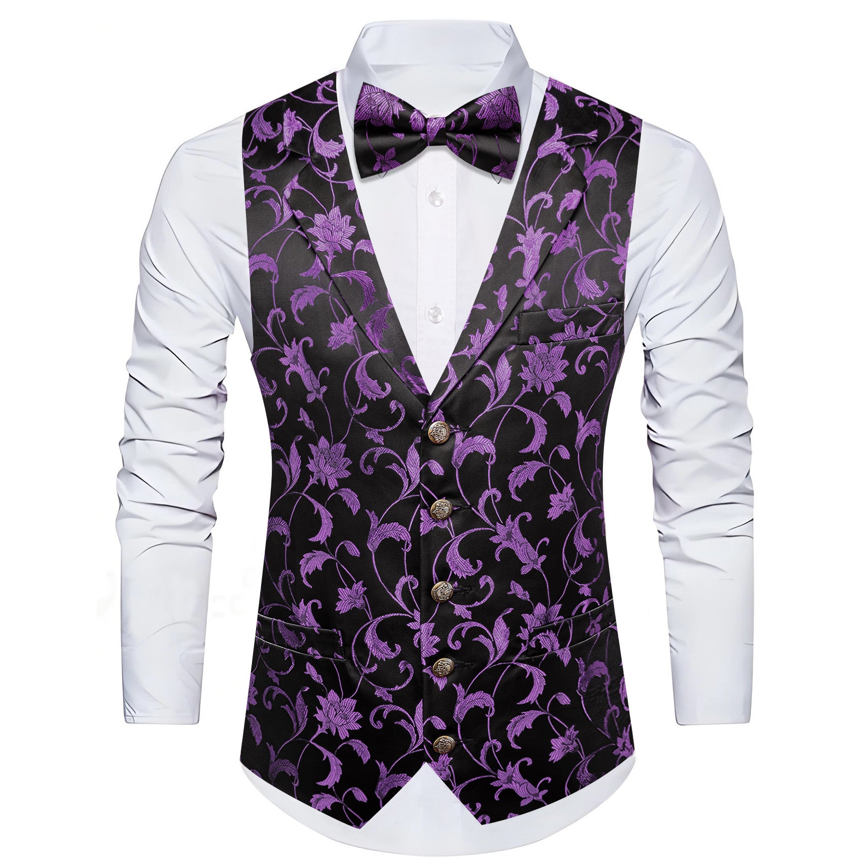 Barry. Wang Purple Floral Mens Vest Black Dress Waistcoat Bowtie Pocket Square Cufflinks Set
