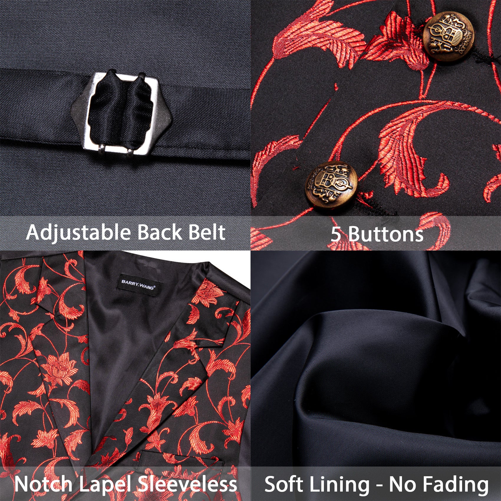 Barry. Wang Red Floral Mens Vest Black Dress Waistcoat Bowtie Pocket Square Cufflinks Set
