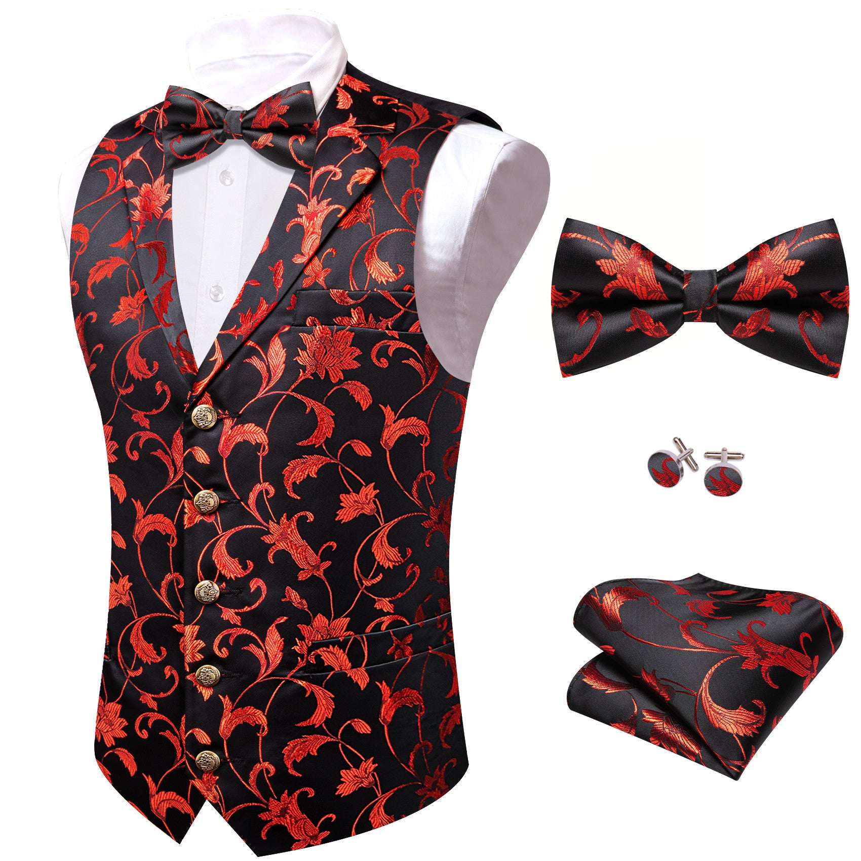 Barry. Wang Red Floral Mens Vest Black Dress Waistcoat Bowtie Pocket Square Cufflinks Set