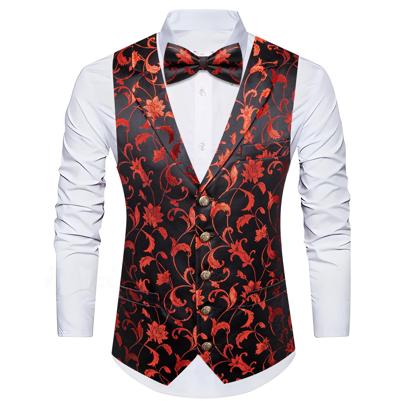 Barry. Wang Red Floral Mens Vest Black Dress Waistcoat Bowtie Pocket Square Cufflinks Set