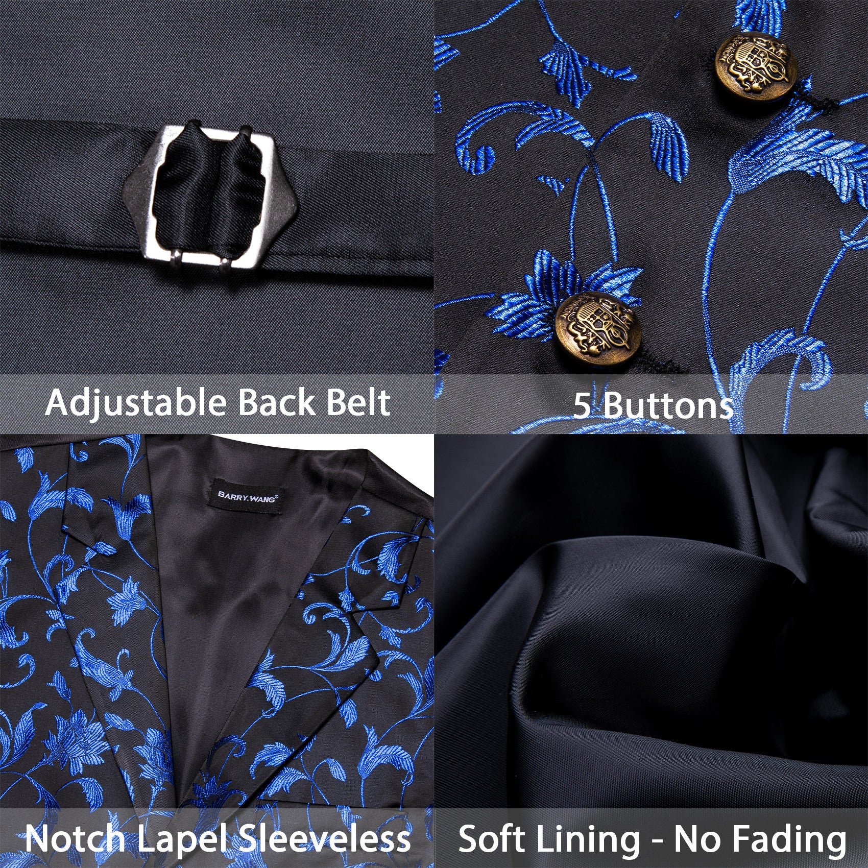 Barry. Wang Mens Blue Floral Vest Suit 4PCS Silk Vest Bowtie Hanky Cufflinks Set