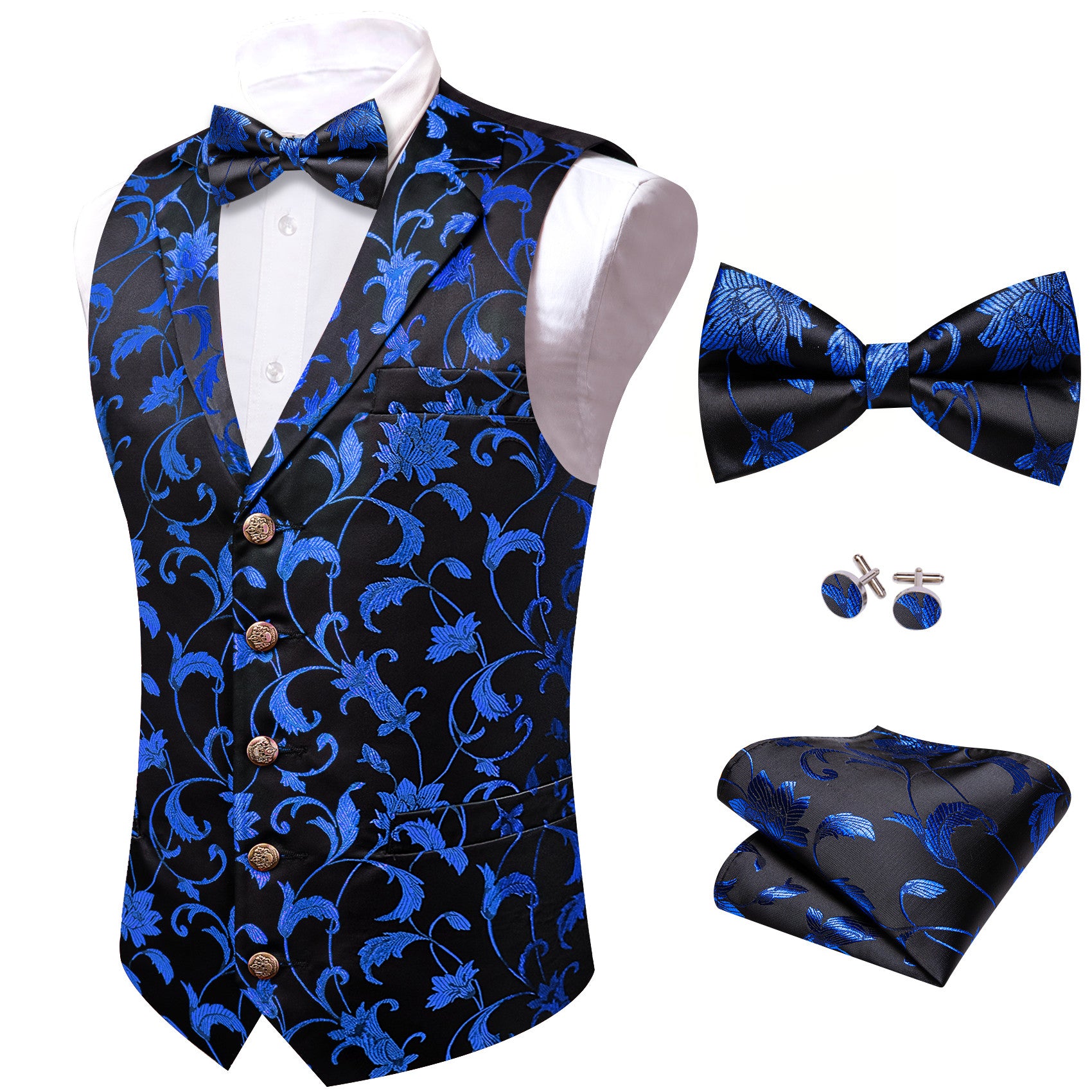 Barry. Wang Mens Blue Floral Vest Suit 4PCS Silk Vest Bowtie Hanky Cufflinks Set