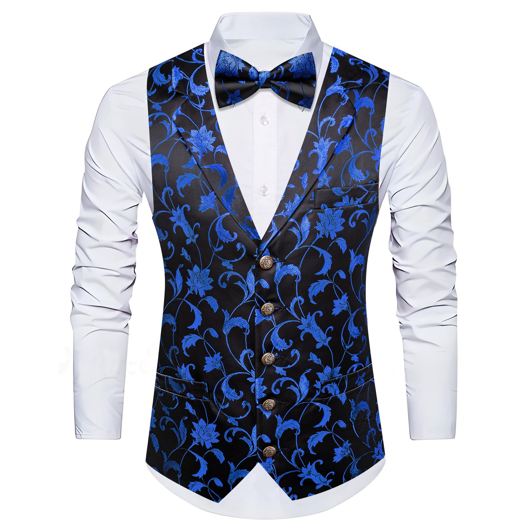 Barry. Wang Mens Blue Floral Vest Suit 4PCS Silk Vest Bowtie Hanky Cufflinks Set