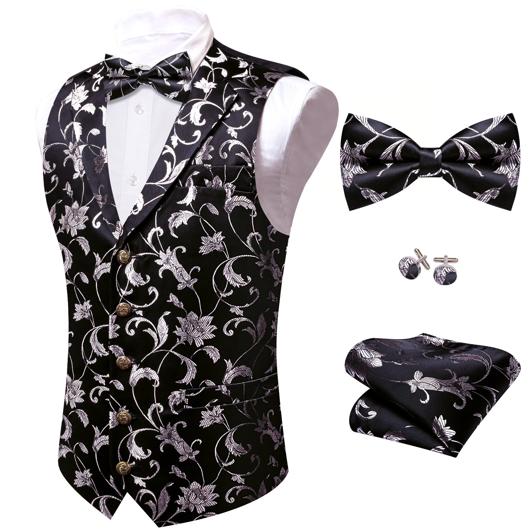 Barry. Wang Mens Silver Floral Vest Silk Vest Bowtie Hanky Cufflinks Set